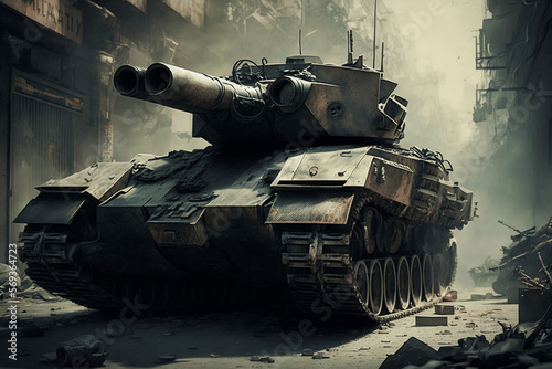 Tank and destroyed buildings
