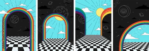 Retro groovy rainbow in space art poster set. Hippie style sun and moon in surreal cosmic arch prints. Vintage boho universe in abstract doorway banners. Trendy y2k pop culture imaginary eps placards