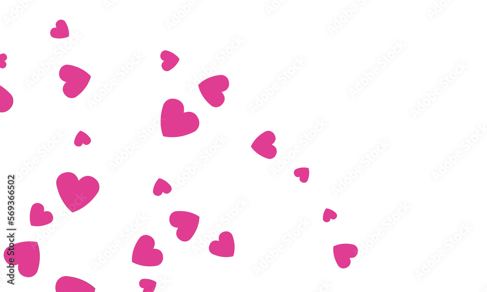 Clear pink hearts of various sizes on white background. 3D illustration. 3D CG. 3D illustration. PNG file format.	