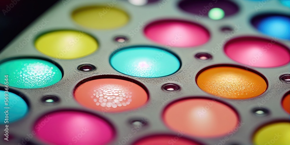 Colorful paint palette closeup. Abstract dye circles background art. Pink, teal, orange, green. Colorful paint palette closeup. Abstract dye circles background art. Pink, teal, orange, green.