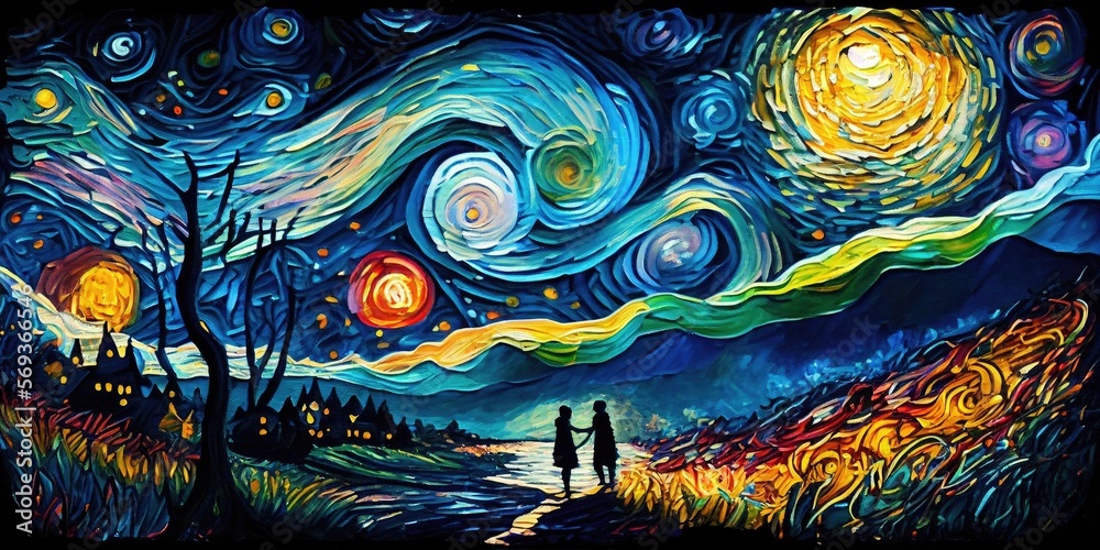 Colorful impressionist night sky landscape. Swirling color spirals of planets and starts. Silhouettes walking down a forest path. Background. - obrazy, fototapety, plakaty 