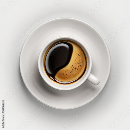 cup of coffee on white background top view
