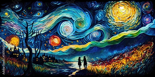Colorful impressionist night sky landscape. Swirling color spirals of planets and starts. Silhouettes walking down a forest path. Background.