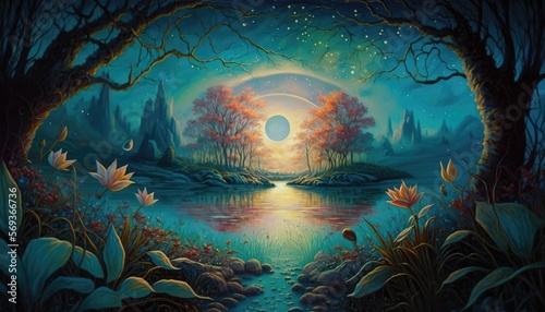 Springtime landscape at dusk. Abstract lake with reflection of trees at sunset. Moonlight over flowers and forest. Colorful painting.