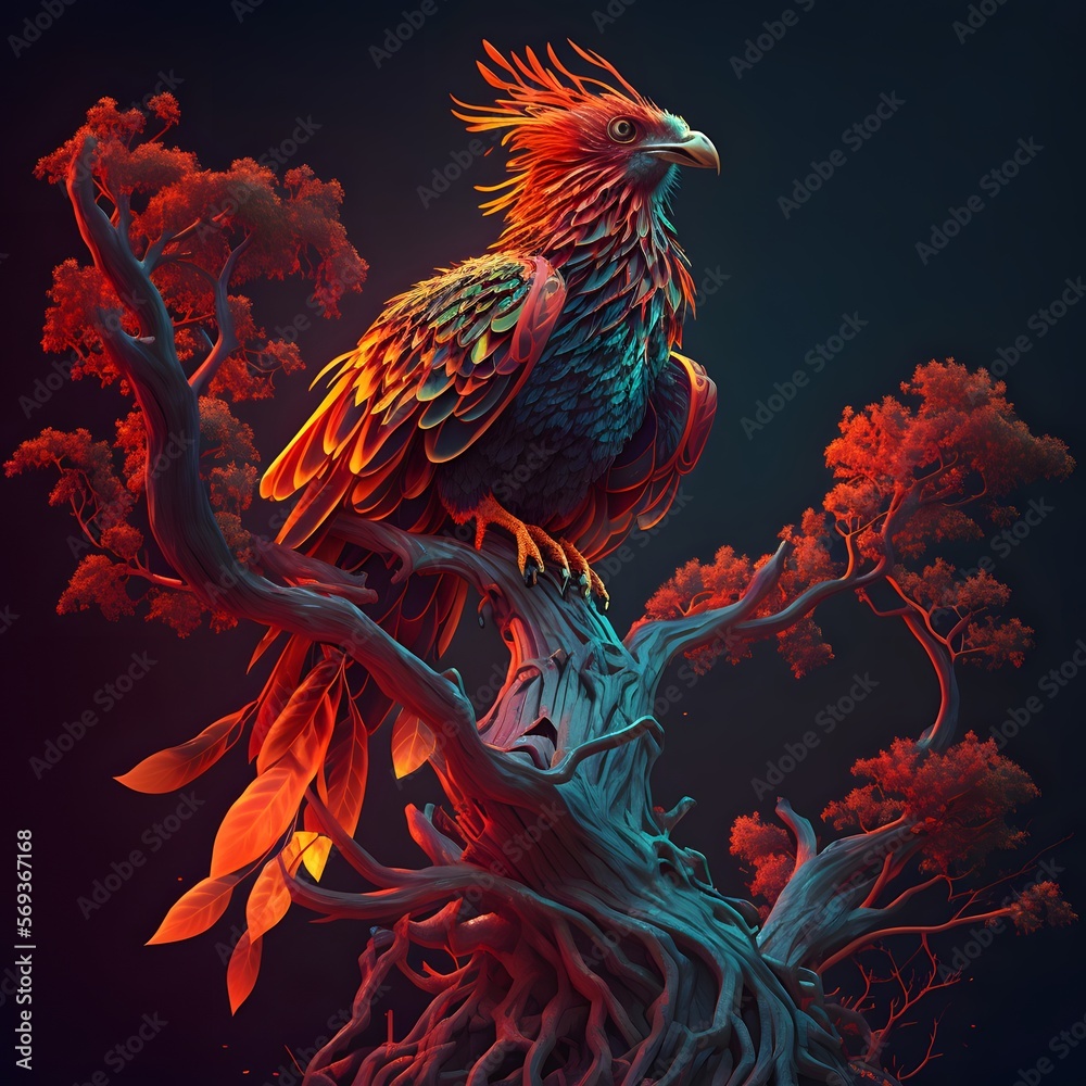 Fototapeta premium A firebird sits on a branch, Generative AI