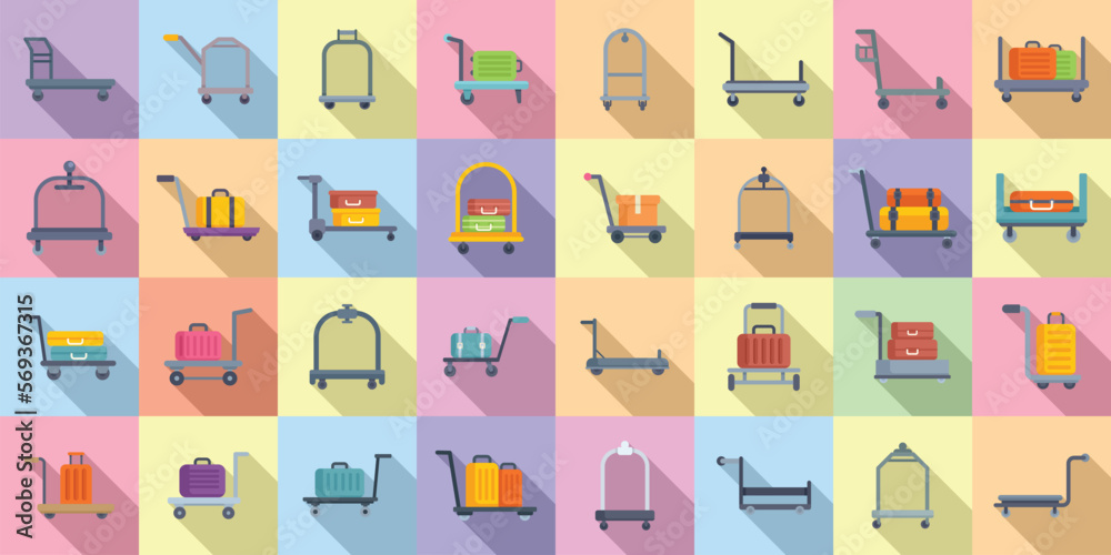 Luggage trolley icons set flat vector. Business bag. Carriage suitcase