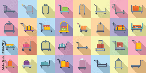 Luggage trolley icons set flat vector. Business bag. Carriage suitcase