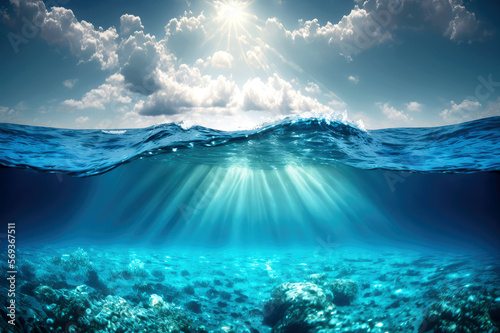 Blue or ocean water surface and underwater, AI
