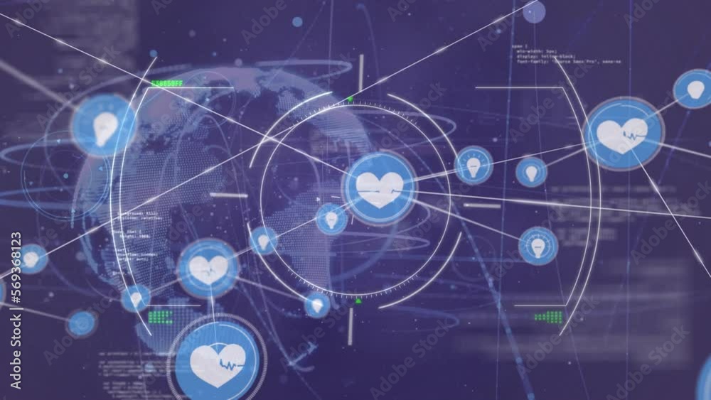 Animation of network of digital icons against light trails over spinning globe on purple background