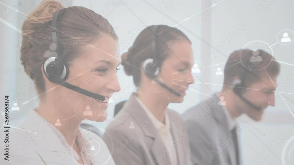 Animation of network of profile icons over female customer care executive talking on phone headset Animation of network of profile icons over female customer care executive talking on phone headset