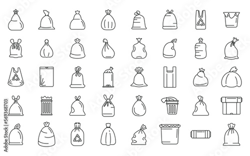 Bag for trash icons set outline vector. Food garbage. Dirty dustbin