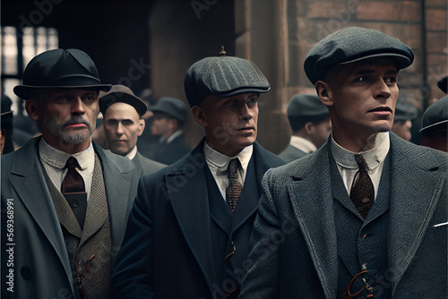 Peaky Blinders mafia men style 1900s. Back view. High quality Ai generated illustration.  photo