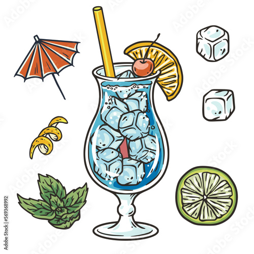 Blue lagoon cocktail with lime and ice for vector design of bar menu. Blue alcochol cocktail with vodka and likier for drink party