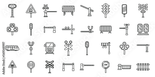 Railway crossing icons set outline vector. Signal alert. Gate rail