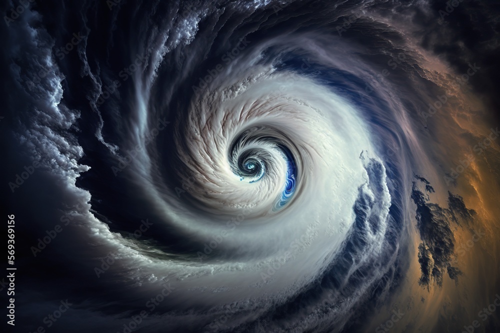 Hurricane from eye of the storm showing the powerful winds and towering ...