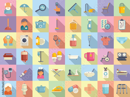 Home care services icons set flat vector. Care senior. Patient