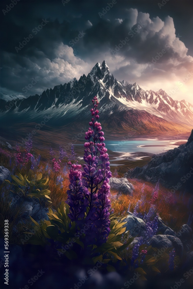 Mountain Landscape with Purple Flowers