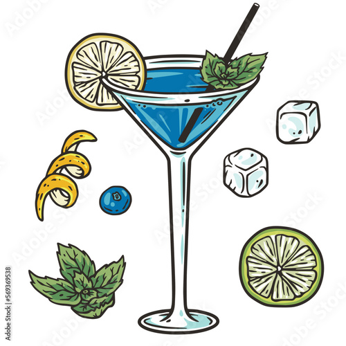 Blue lagoon cocktail with lime and ice for vector design of bar menu. Blue alcochol cocktail with vodka and likier for drink party