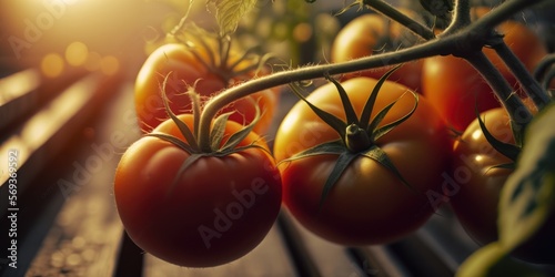 Tomatoes growing in greenhouse - Generative AI photo