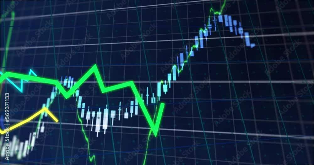 Animation of statistical and financial data processing over grid network against blue background Animation of statistical and financial data processing over grid network against blue background