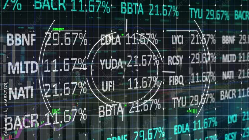 Animation of circles over trading board and multiple graphs against black background
