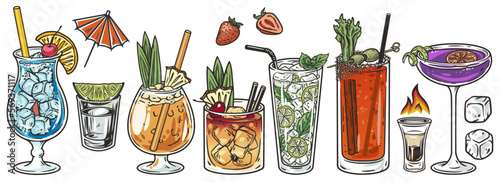 Cocktail set with tequila, blue lagoon and mojito, bloody mary for summer party. Set of cocktails with old fashioned, sangria and mai tai, pina colada for exotic beach bar
