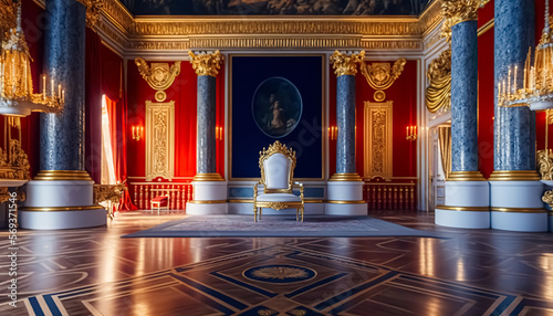 A realistic fantasy interior of the royal palace. golden palace. castle interior. Fiction Backdrop. concept art. generative ai	 photo