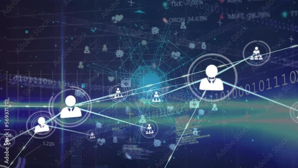 Animation of network of profile icons over spinning globe and data processing on blue background Animation of network of profile icons over spinning globe and data processing on blue background