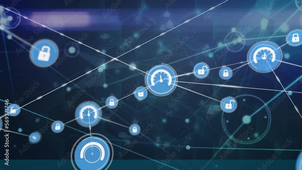 Animation of network of digital icons against light trails on blue background Animation of network of digital icons against light trails on blue background
