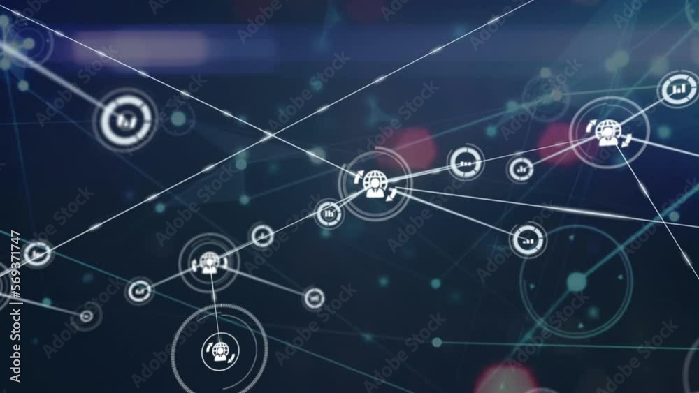 Animation of network of digital icons and plexus networks against aerial view of city traffic
