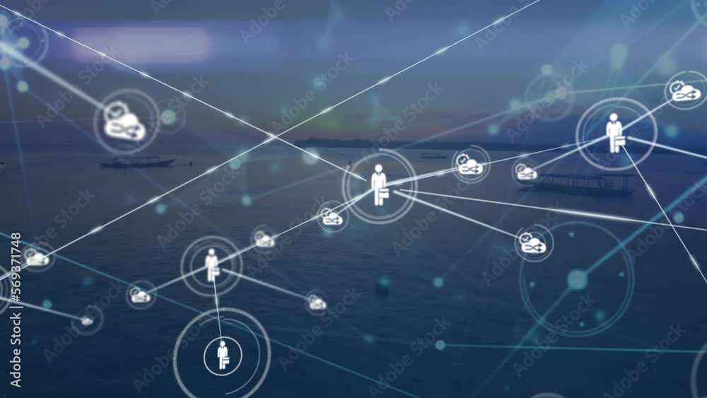 Animation of network of digital icons against aerial view of boats in the sea and sunset sky Animation of network of digital icons against aerial view of boats in the sea and sunset sky