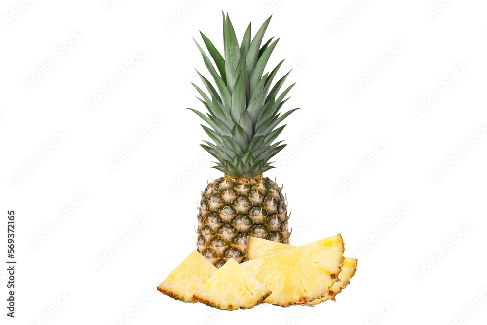 Whole juicy fresh pineapple. Pieces of pineapple half, quarter. Isolated. Whole juicy fresh pineapple. Pieces of pineapple half, quarter. Isolated.