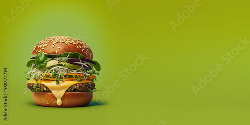 Vegetarian Burger on a Green Background with Space for Copy (Generative AI) photo