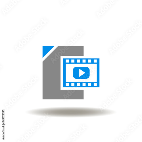 Vector illustration of sheet of paper or file and cinema strip tape with play button. Symbol of motion picture, film. Icon of movie web service. Sign of avi, mov, mkv, mpeg4 format. photo