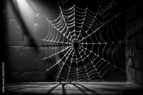 Spider web silhouette against black wall - halloween theme dark background, AI