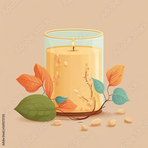 Lighted candle illustration with cozy vibes, cute harmony, shades of beige and warm brown, some leafes in background, generative ai