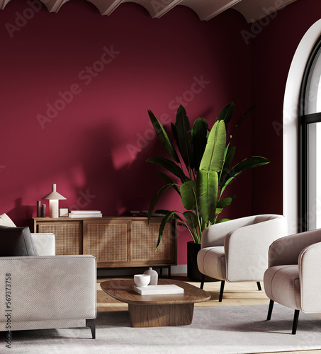 Viva magenta trendy color year 2023 in luxury living lounge or reception. Crimson red burgundy color pillow and wall maroon marsala accent background. Modern room design interior home. 3d render