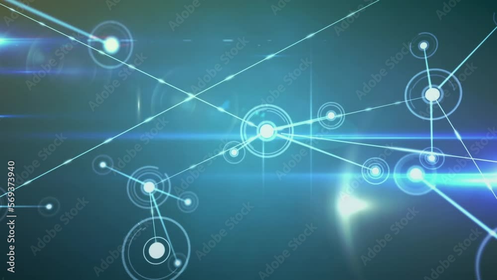 Animation of network of connections over blue light trails against green background Animation of network of connections over blue light trails against green background