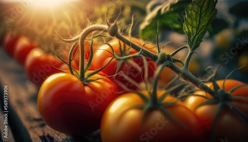 Organic Tomatoes growing in greenhouse - Generative AI photo