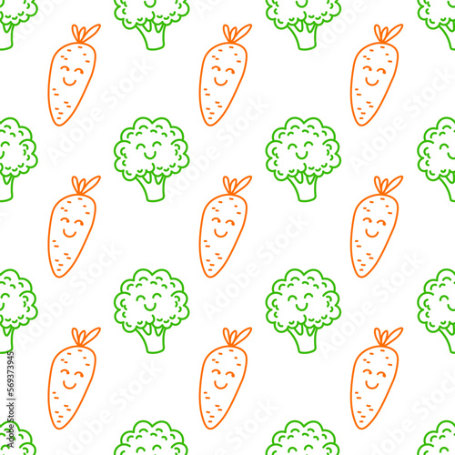 Seamless pattern with cute happy smiling funny broccoli and carrot vegetable kawaii characters. Vector modern line style cartoon ornament on white background. Healthy food design concept.