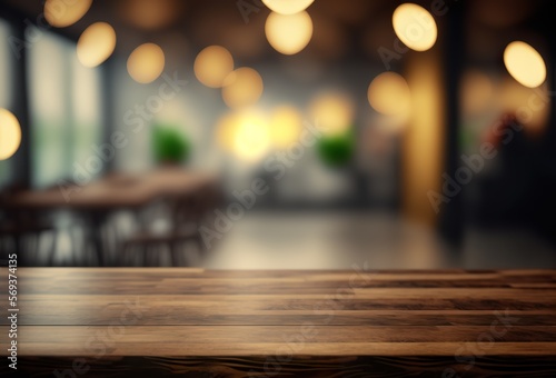 Mockup vom Holztisch eines Panoramabanners zur Produktpräsentation. Beleuchtetes Cafe, Restaurant oder Bistro im unscharfen Hintergrund. Vorlage für Produkte, Prototypen und Entwurf Präsentationen.