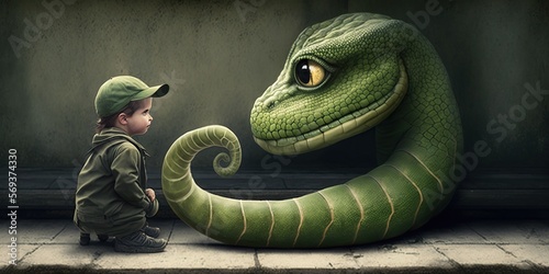 Fotografia Snake as imaginary friend, concept of Fantasy Companionship and Reptilian Bondin