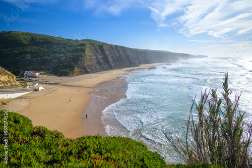 Magoito Beach, beautiful sandy beach on Sintra coast, Lisbon district, Portugal, part of Sintra-Cascais Natural Park with natural points of interest
