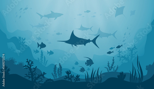 Underwater landscape of the seabed. Silhouettes of marine fish  coral reefs and algae on blue water background. Ocean life  marine nature  flora and fauna. Vector illustration