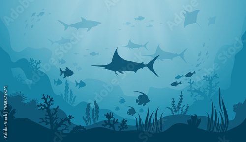 Underwater landscape of the seabed. Silhouettes of marine fish, coral reefs and algae on blue water background. Ocean life, marine nature, flora and fauna. Vector illustration