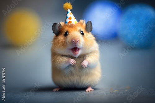 Closeup of a happy hamster wearing a party hat, generative ai photo