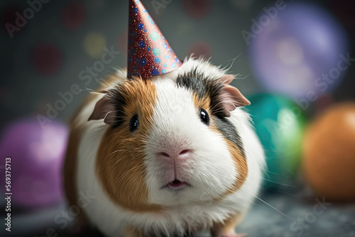 Closeup of a joyful guinea pig wearing a party hat, generative ai photo