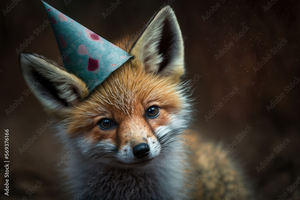 Fototapeta premium Intimate shot of a baby fox in a colorful birthday hat, generative ai