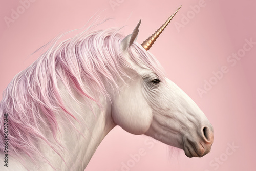 Intense shot of a mesmerizing unicorn with a pink mane and tail against a pale pink background, generative ai © aicandy