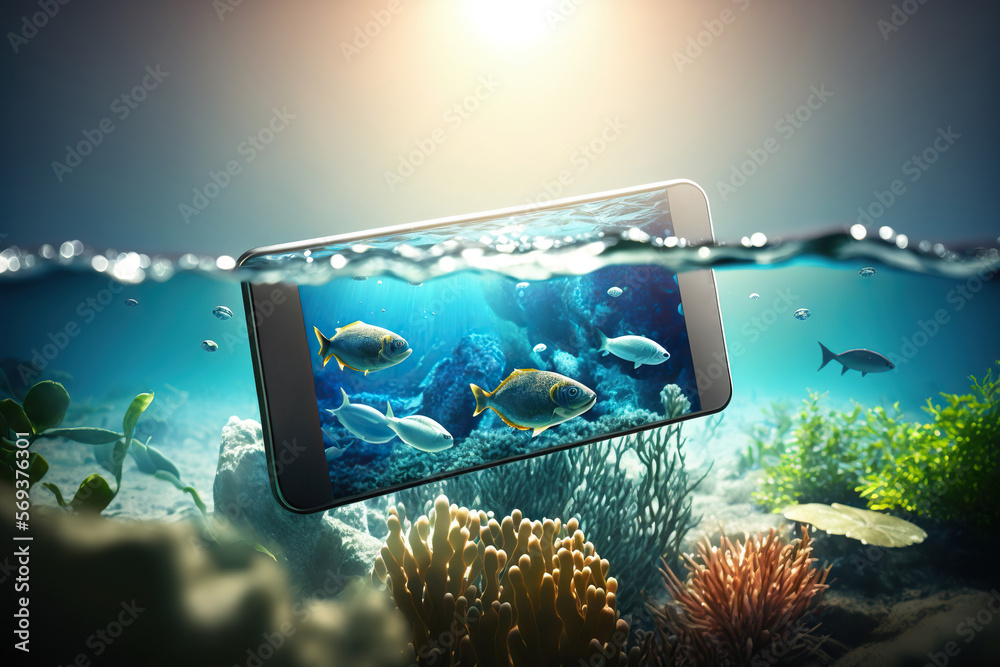 Cell phone under crystalclear sea water in the sun. Mysterious